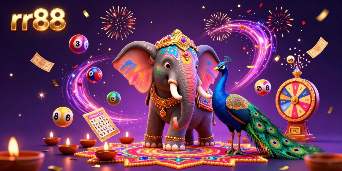 Engage in exciting games at rr88, featuring a festive digital scene with a colorful elephant and dynamic lottery elements.