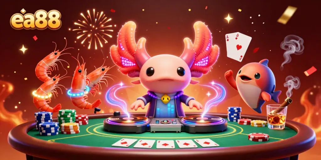 Hình ảnh ea88 với DJ axolotl neon và bầu không khí sòng bạc sôi động.