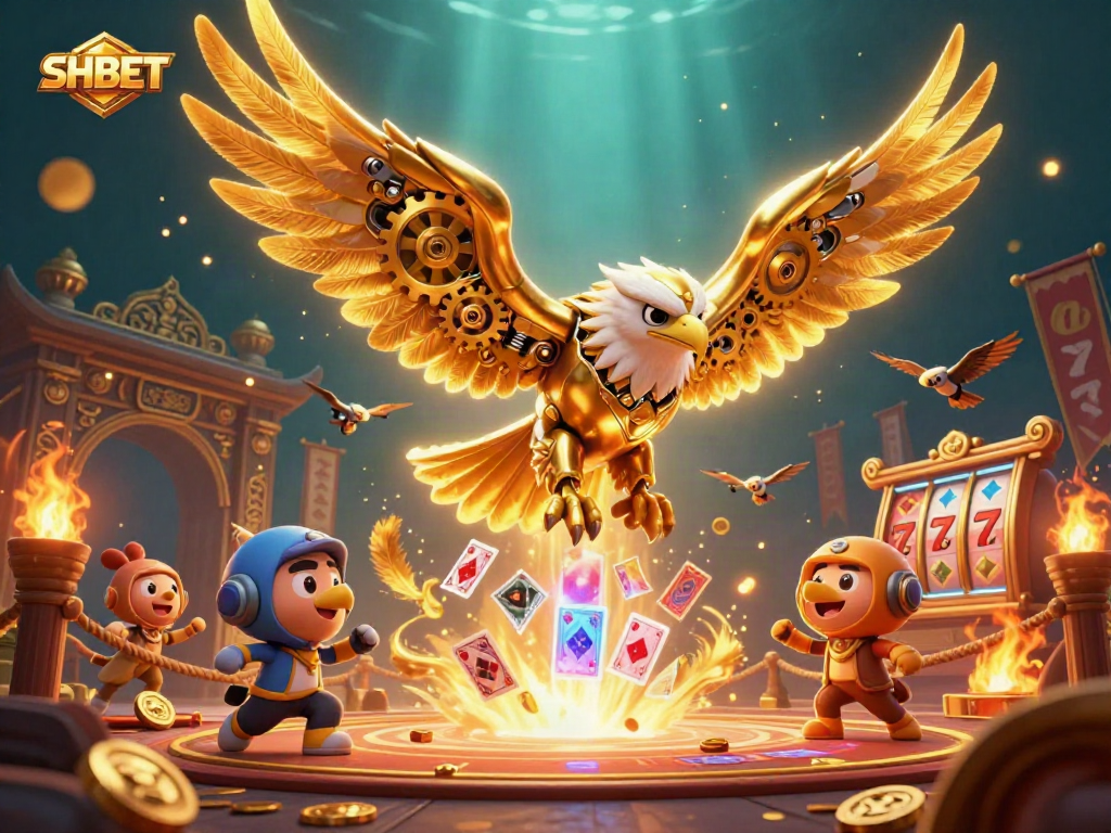 Engage in the thrilling world of SHBET with a cybernetic eagle amidst playing cards and slot elements.