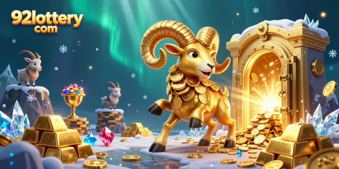 Engage with 92lottery com through this vibrant scene of a golden ram charging towards treasure, embodying excitement and fortune.