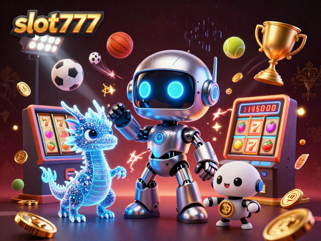 Engage with slot777 in this vibrant 3D casino scene featuring dynamic slot machines and animated energy.