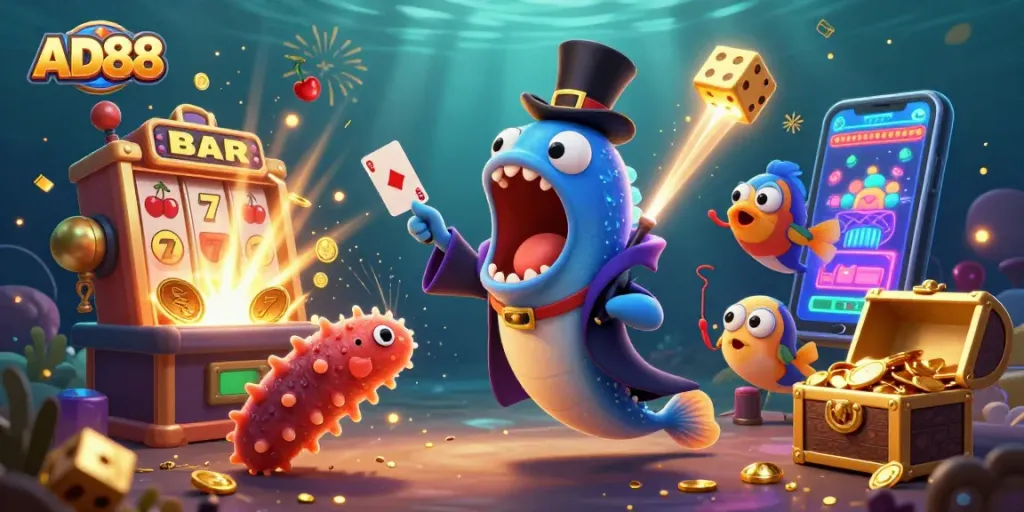AD88 showcases a thrilling underwater casino scene with vibrant characters amidst a jackpot explosion.
