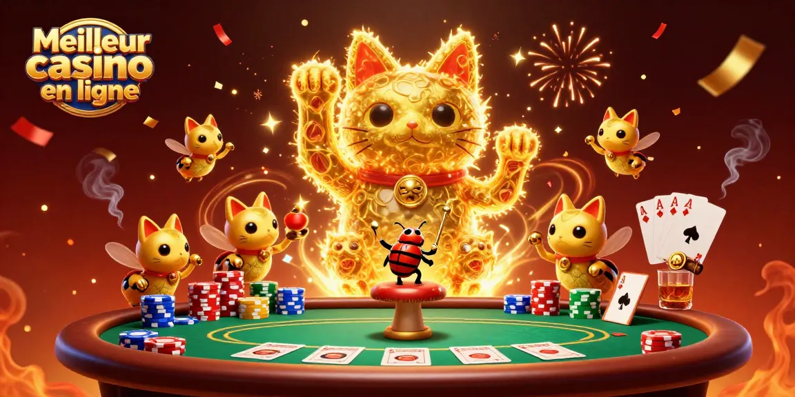 Experience excitement at Meilleur casino en ligne with a golden lucky cat amidst vibrant gaming symbols.