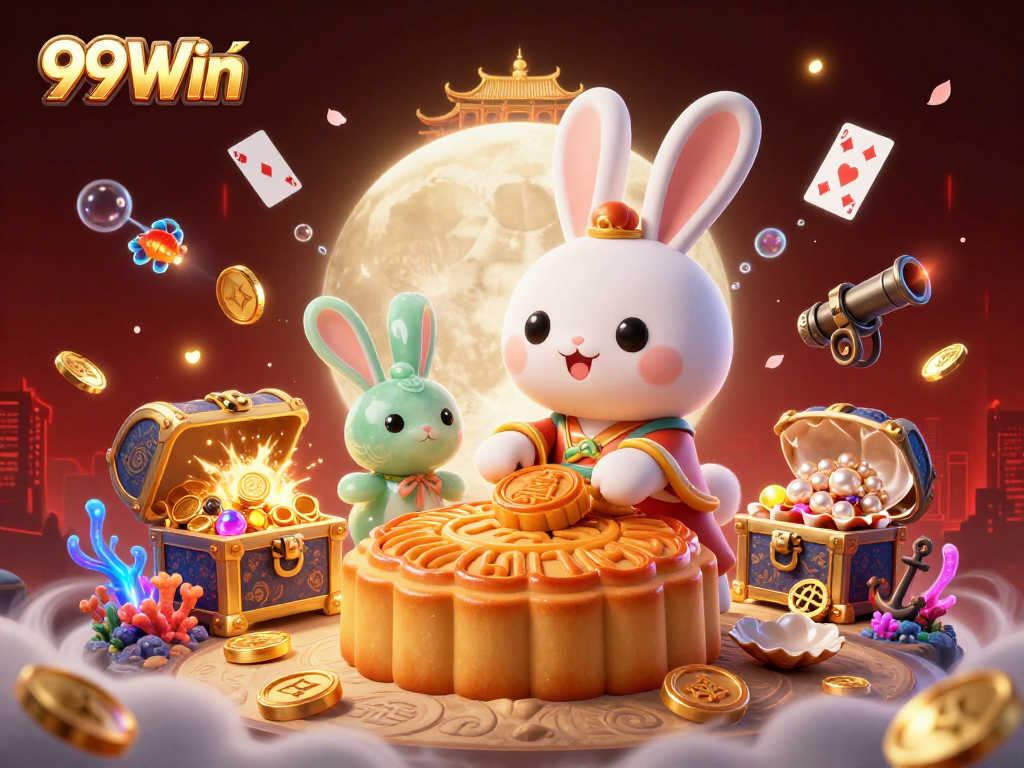 Engage in gaming excitement at 99Win featuring a lively scene with a moon rabbit, poker chips, and underwater treasures!