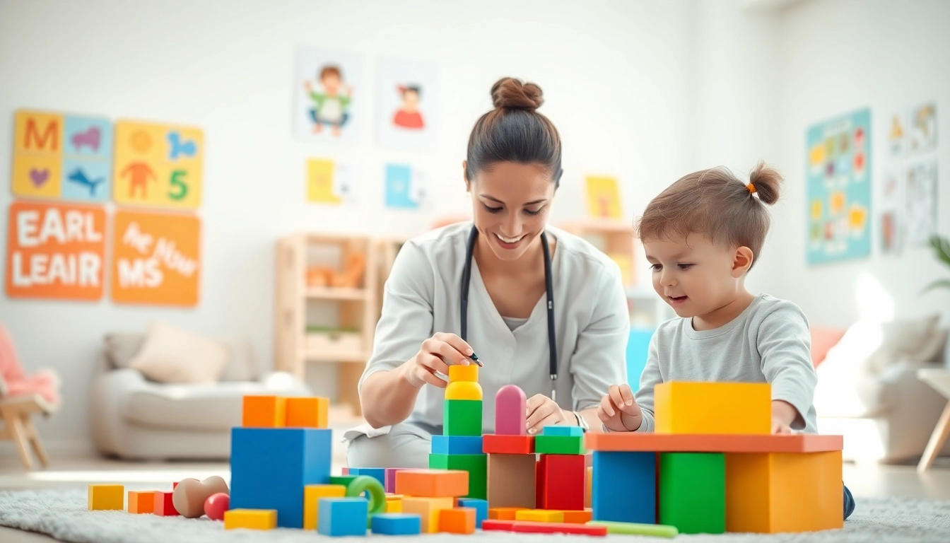 Engaging early intervention ABA session with a therapist and child in a bright therapy room.