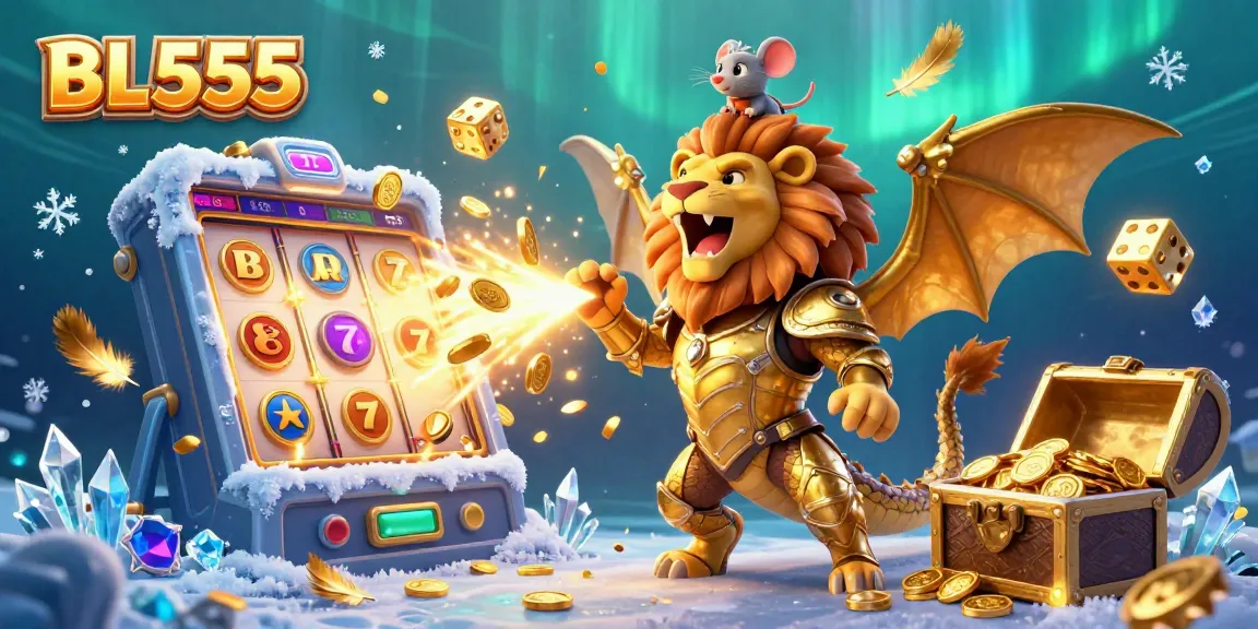 Engage in thrilling gameplay with BL555's vibrant 3D illustration featuring a chimera, slots, and jackpot excitement.