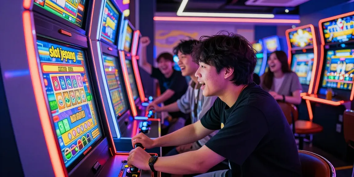Exciting gaming scene featuring a vibrant 'slot jepang' machine in an arcade.