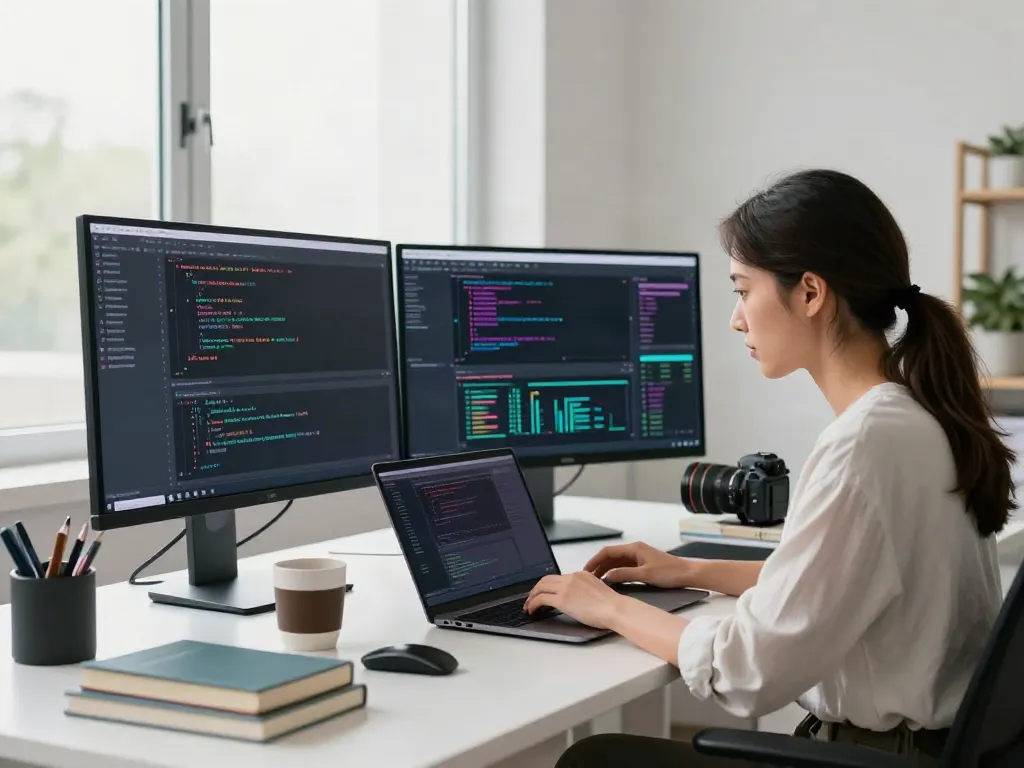 Brave software developer coding in a modern tech workspace.