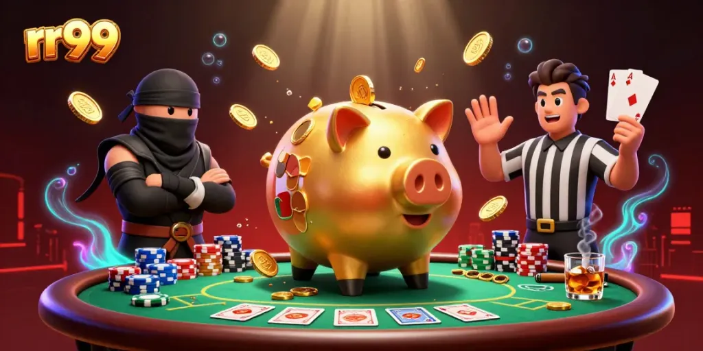 rr99 delivers excitement with vibrant golden piggy bank and epic poker showdown illustration