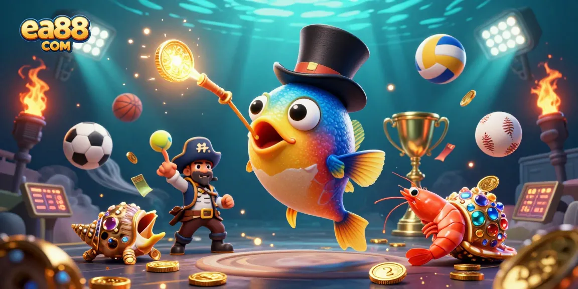 Bet on exciting games and jackpots at ea88 COM with vibrant underwater characters attracting golden coins.