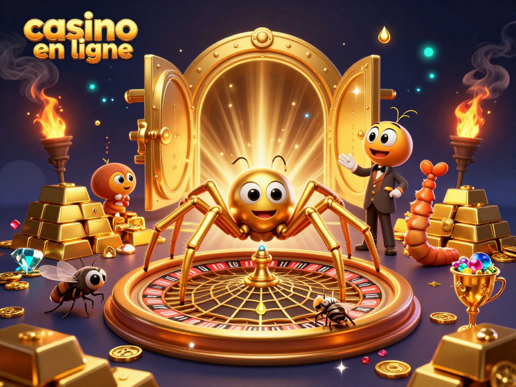 Plongez dans l'univers du casino en ligne avec une araignée dorée et un croupier mille-pattes autour d'une roulette étincelante.