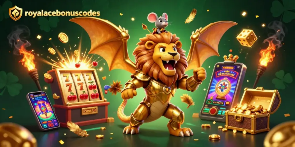 Experience thrilling gaming adventures with royalacebonuscodes and a roaring golden chimera in a vibrant casino scene.