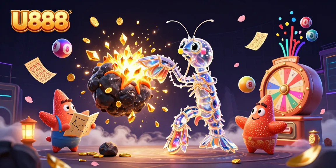 U888 offers a vibrant gaming experience as a mantis shrimp battles through gems and coins amid colorful lottery elements.