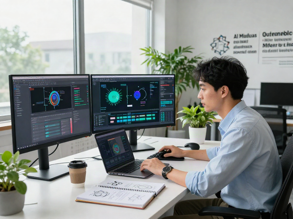 AI Image Detector analytics displayed on multiple screens in a modern office.