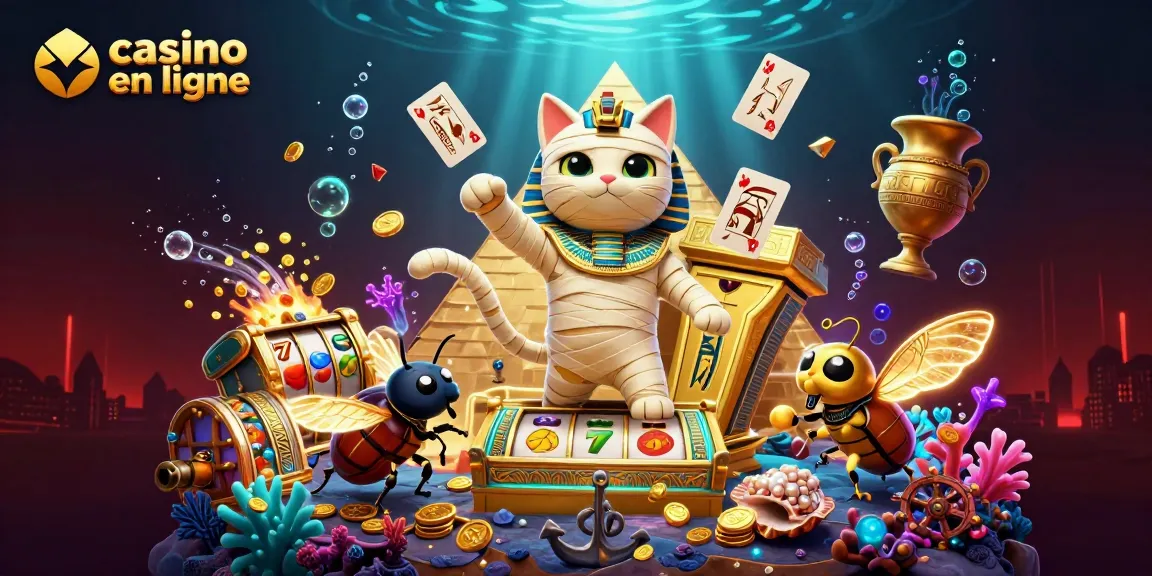 Découvrez le casino en ligne avec un chat momie égyptien sortant d'un sarcophage dans un casino pyramidal.