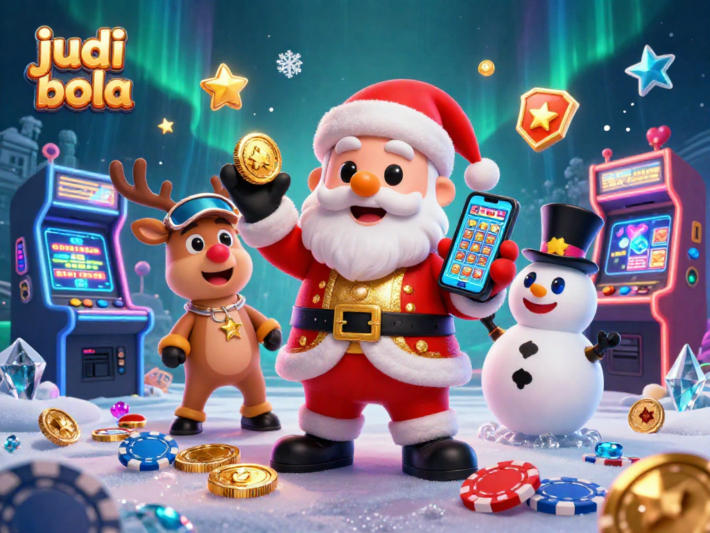 Engage in judi bola excitement with playful Santa and friends at the casino, showcasing jackpot slots.