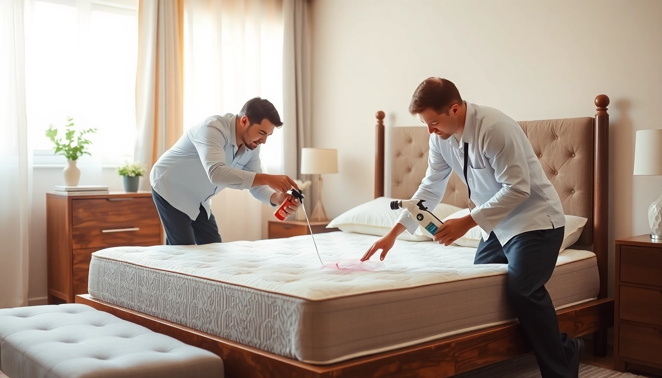 Effective bed bug treatment applied by a professional pest control technician in a cozy bedroom.