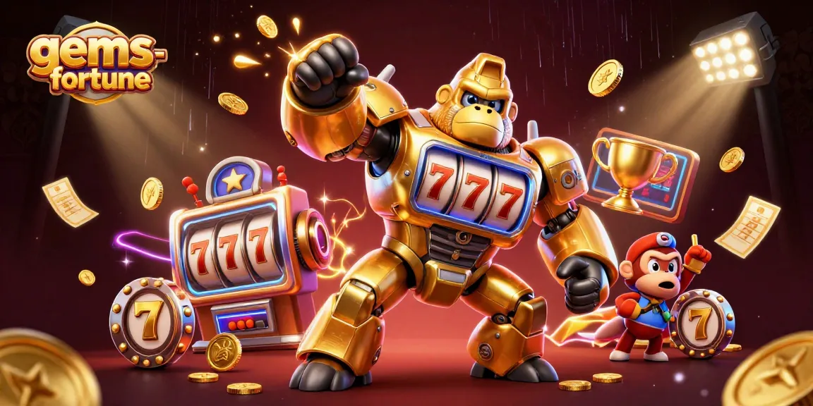 Engage in gems-fortune with a dynamic 3D scene featuring a golden gorilla mech, jackpots, and slot elements.