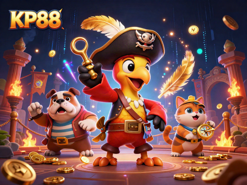Engaging KP88 3D digital illustration showcasing a lively pirate theme with characters and casino elements.