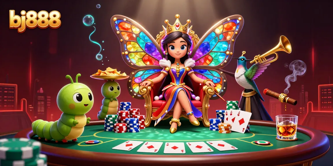 Engage with bj888's vibrant casino scene featuring a butterfly queen amidst poker elements and golden accents.