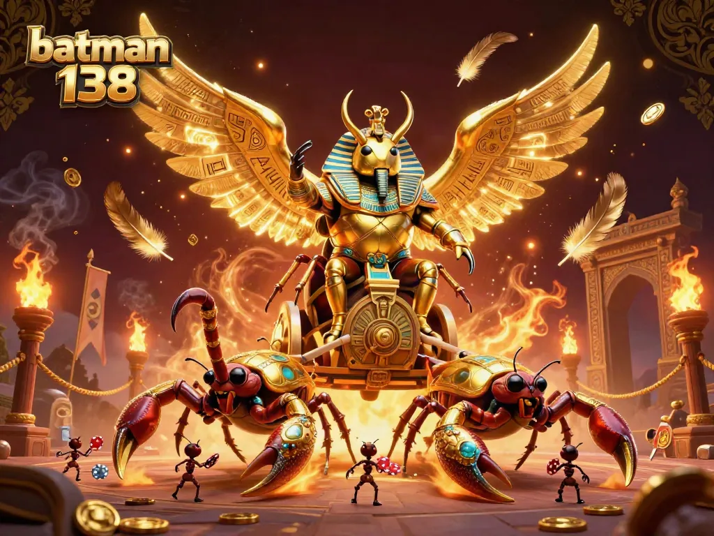 Experience batman 138 with a captivating illustration of a golden scarab beetle in a dynamic casino scene.