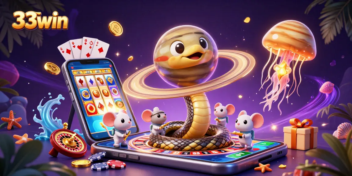 Experience thrilling bets with 33win in a dynamic cosmic casino scene featuring unique characters.