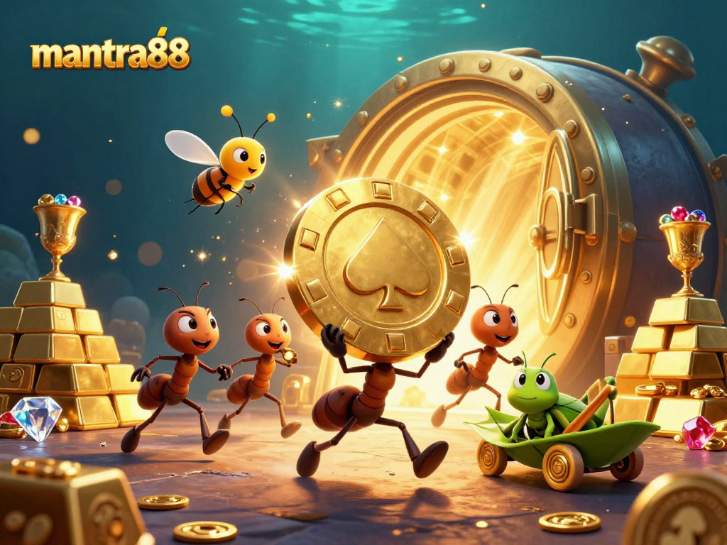 Join the mantra88 heist with cartoon ants carrying a golden poker chip in a vivid casino scene.
