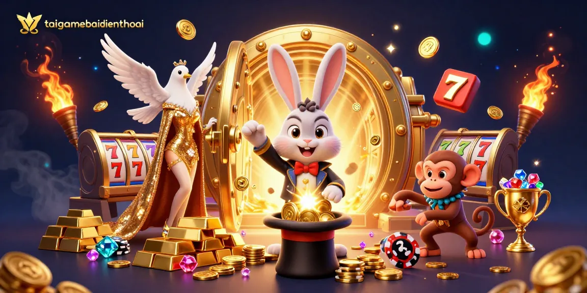 Experience big wins with taigamebaidienthoai, featuring a magician rabbit, golden coins, and dynamic slot elements.