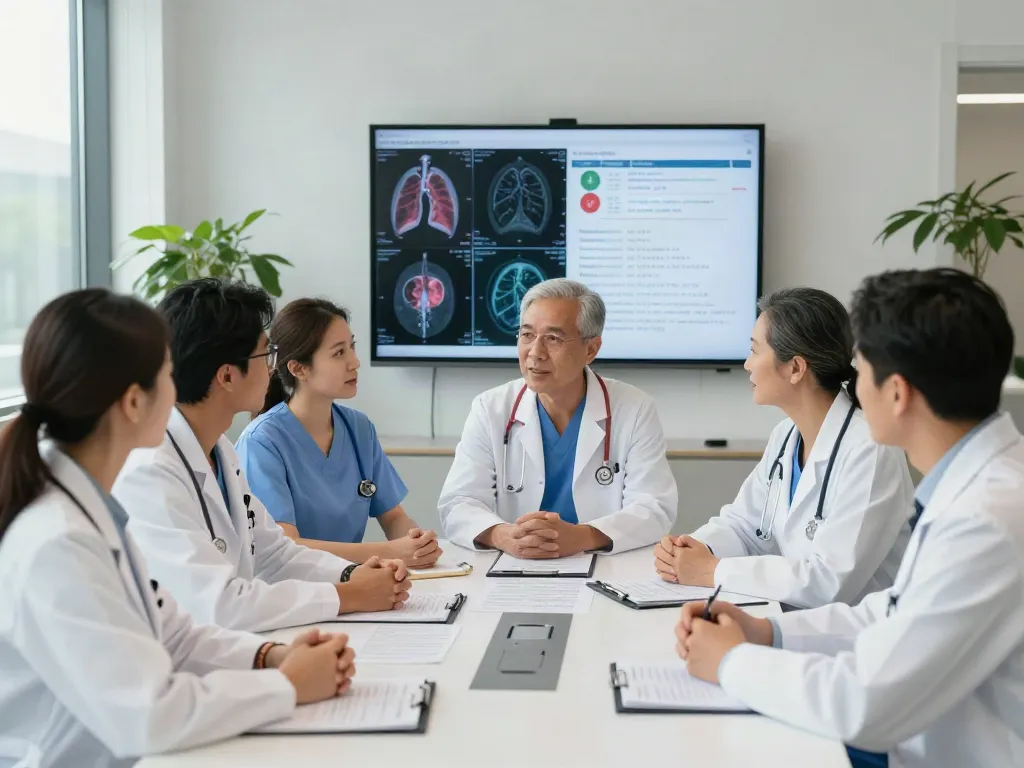 Lung cancer treatment team collaborating on patient care strategies in a modern healthcare setting.