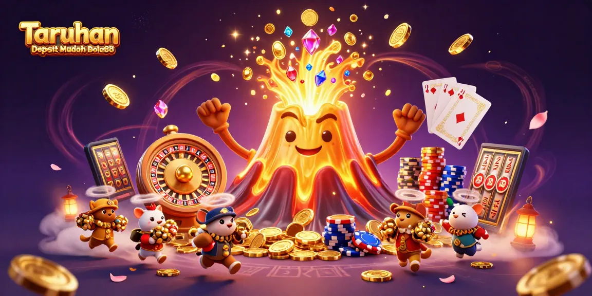 Experience thrilling action with Taruhan Deposit Mudah Bola88, featuring a golden volcano and treasure-filled adventure.