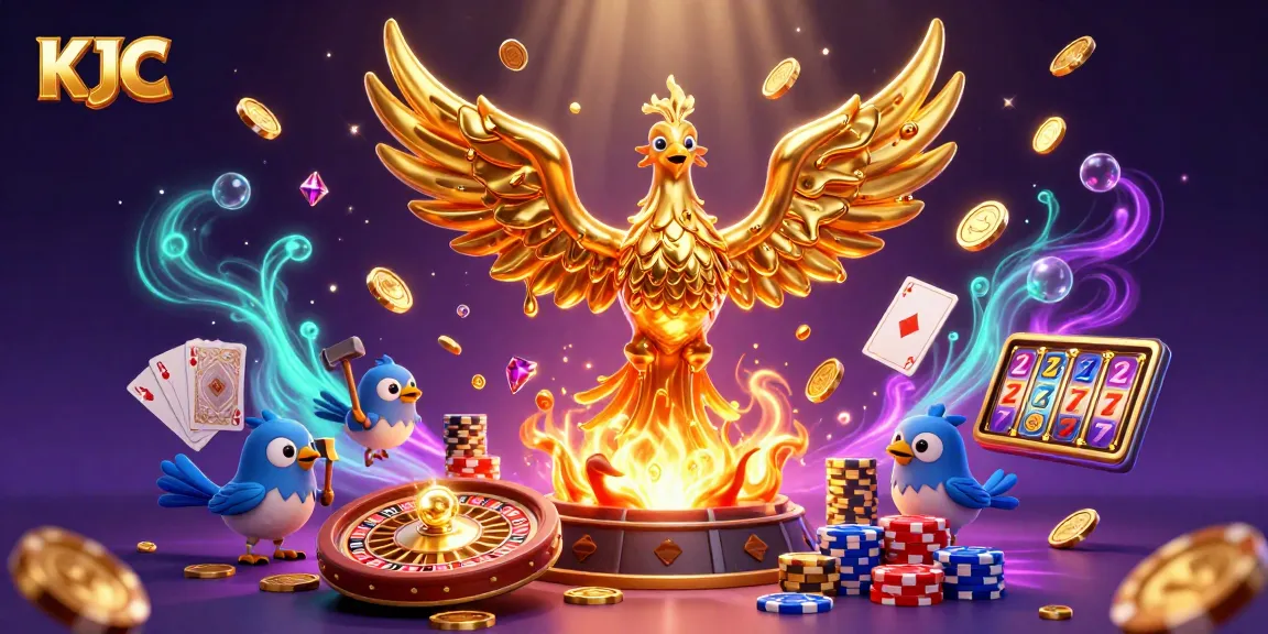 Engage with KJC's immersive gaming world featuring a molten golden phoenix and vibrant casino elements.