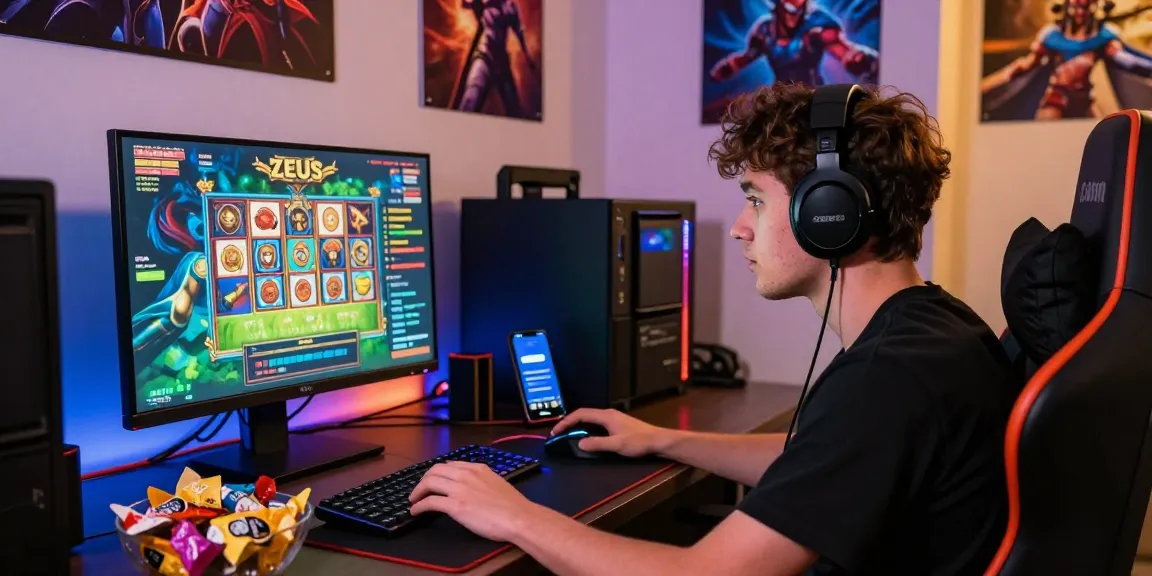 Exciting gameplay scene of a player engaging with slot zeus game on PC with LED lights