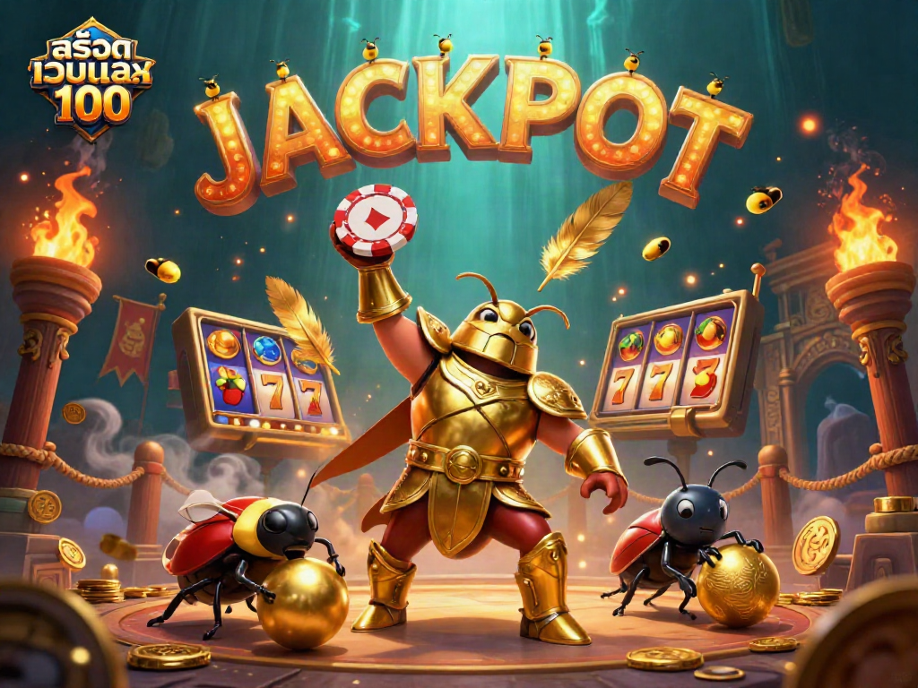 Experience the thrill of สล็อตเว็บตรง100 with a vibrant casino scene featuring a heroic beetle.