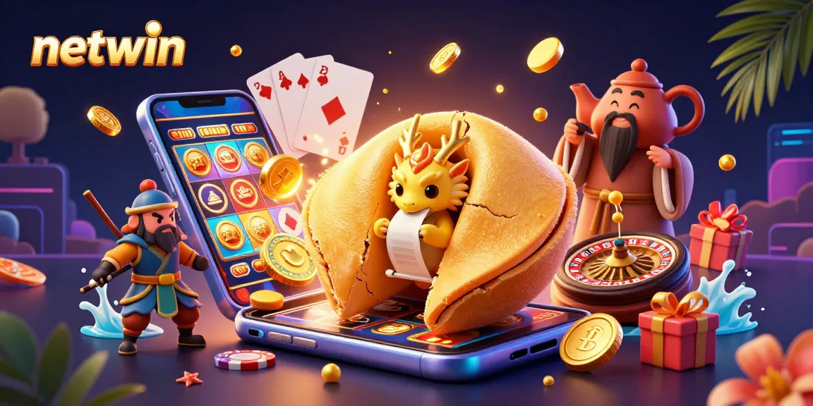 Experience the excitement of netwin with a vibrant 3D casino scene showcasing fortune cookies and gaming elements.