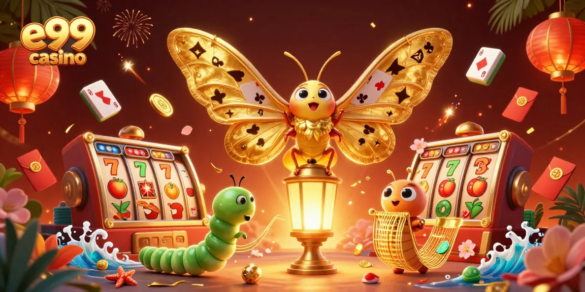 Spin the reels at e99 casino with vibrant characters and casino elements creating dynamic fun.