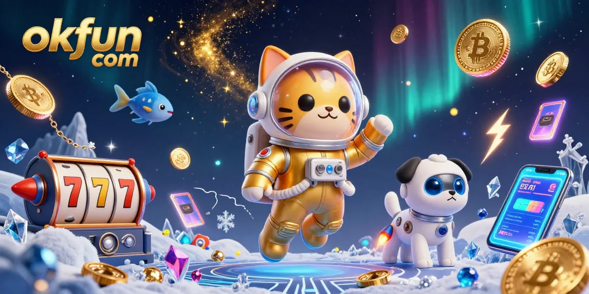Engage with exhilarating casino games on okfun com, featuring a vibrant 3D illustration of a space cat and robot dog.