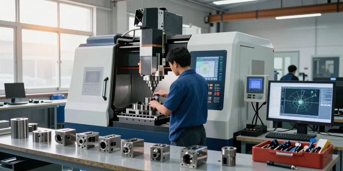 CNC machining parts manufacturer at work in a high-tech industrial workshop with precision equipment and tools.