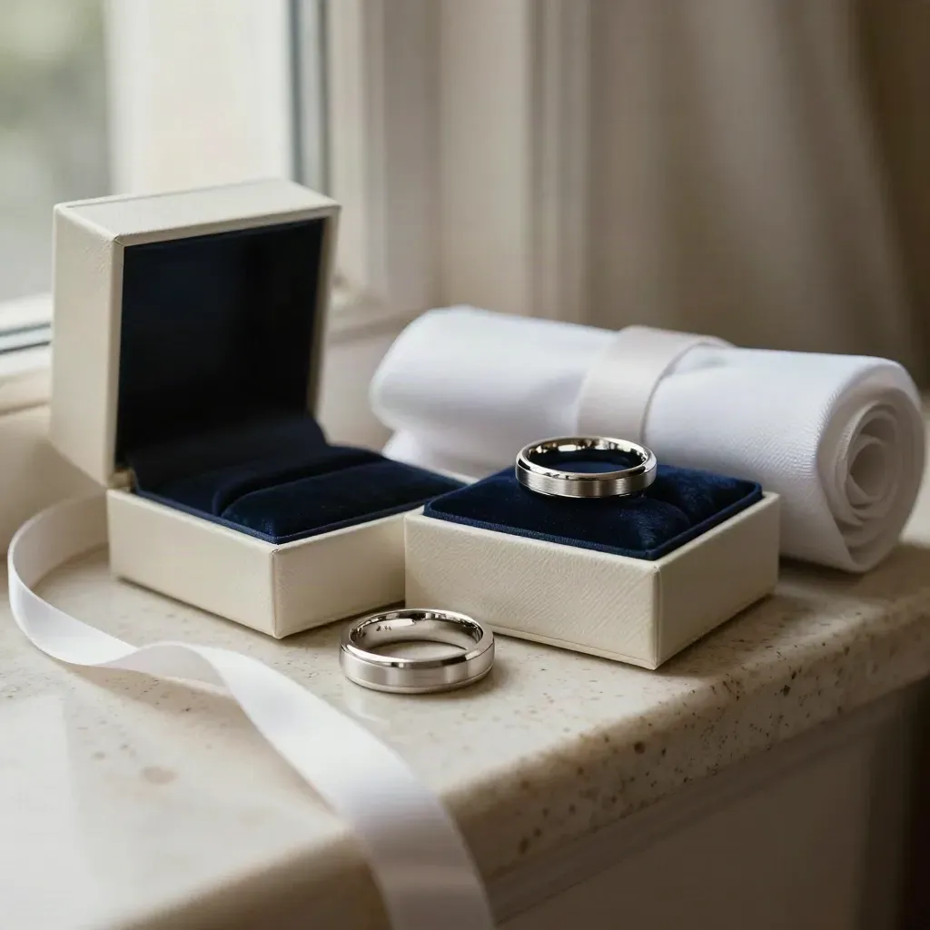 Platinum bridal bands in an open gift box with ivory wrap and navy ribbon on travertine.