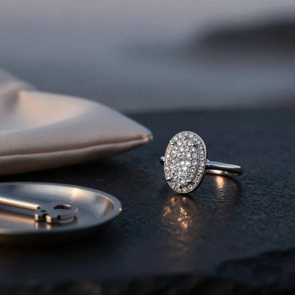 Oval halo platinum ring with band, pouch, and tray on a dark studio surface