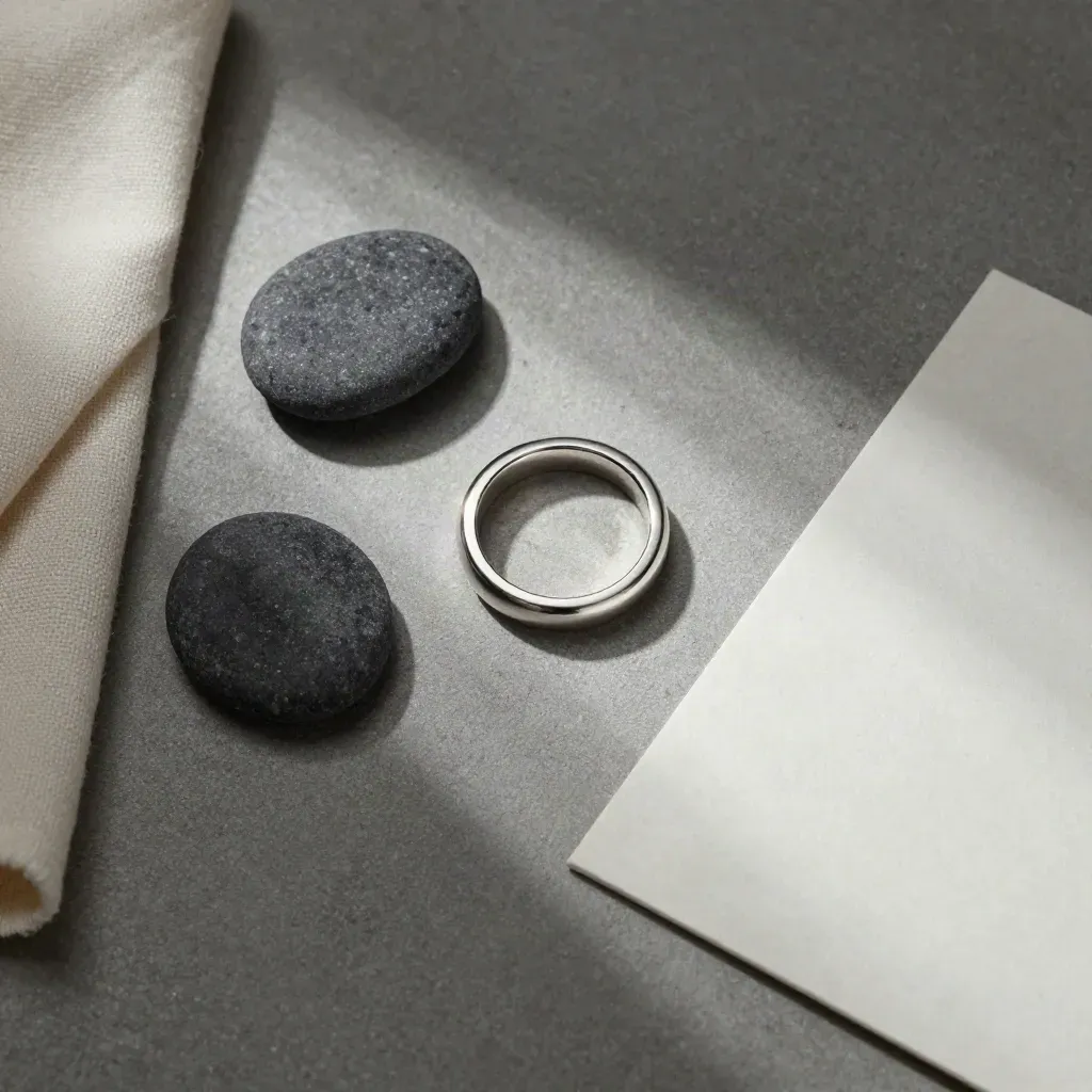 Platinum band with graphite pebbles and folded linen on cool stone, overhead flatlay.