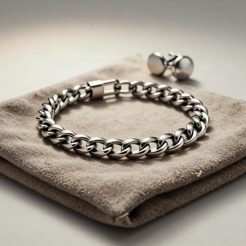 Platinum link bracelet with cufflink and suede pouch on pewter, lit in a soft studio hero scene.