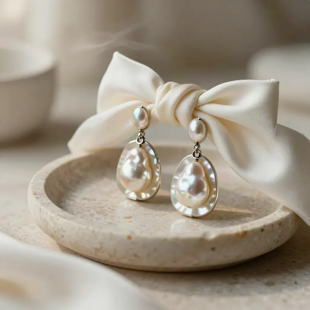 Pearl drop earrings on a cream stone dish with silk and soft mist.