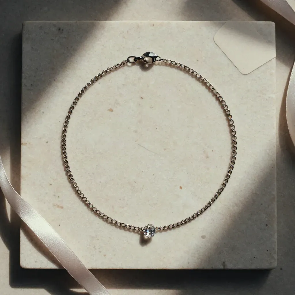 Overhead tennis platinum necklace looped with crystal stones and satin ribbon on pale stone.
