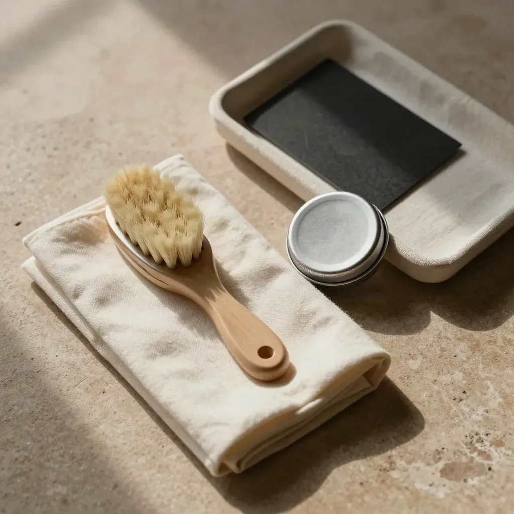 Top-down platinum care kit with cloth, brush, and polish tin on linen tray