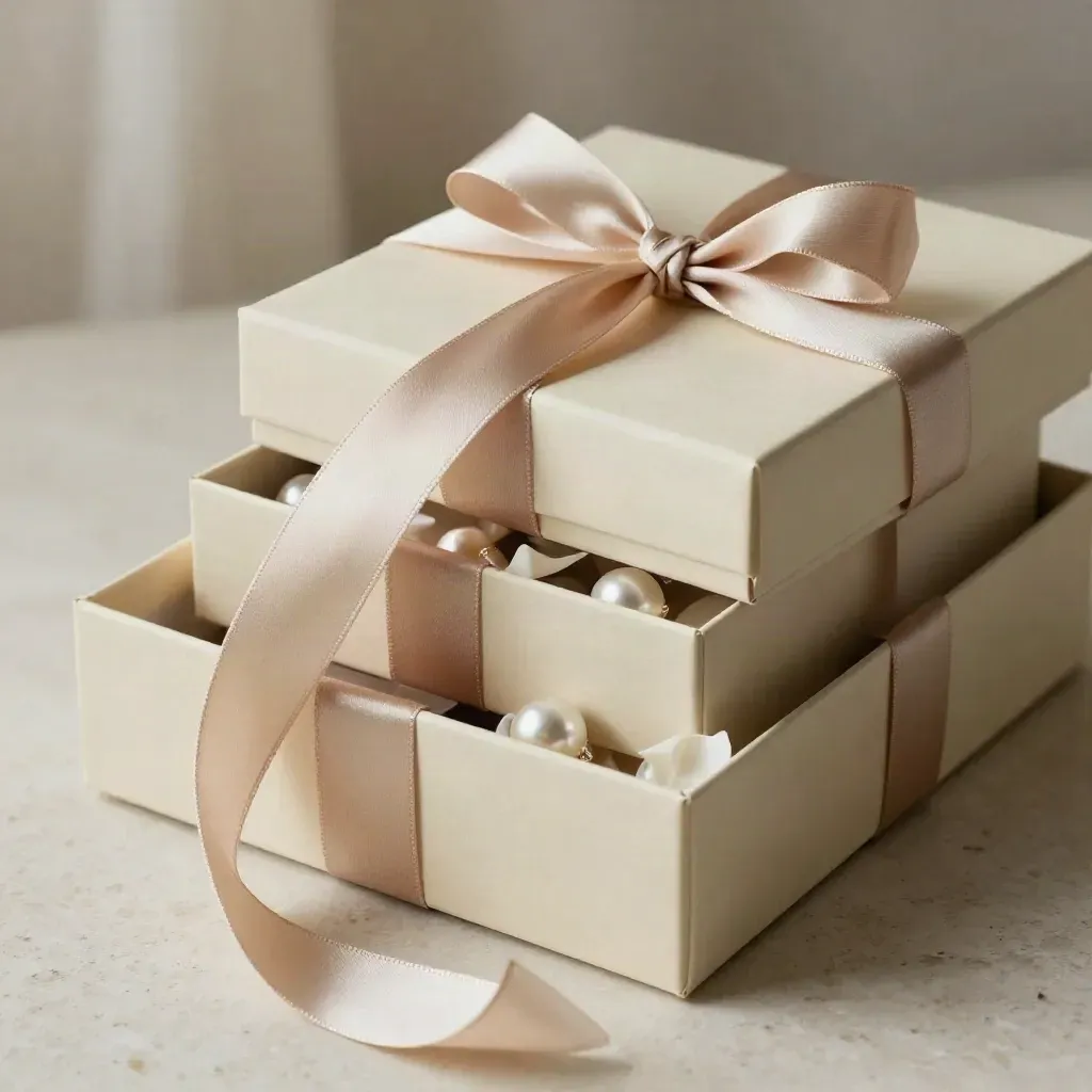 Ivory luxury gift box set with nested boxes, tissue folds, and a satin ribbon coil on travertine.