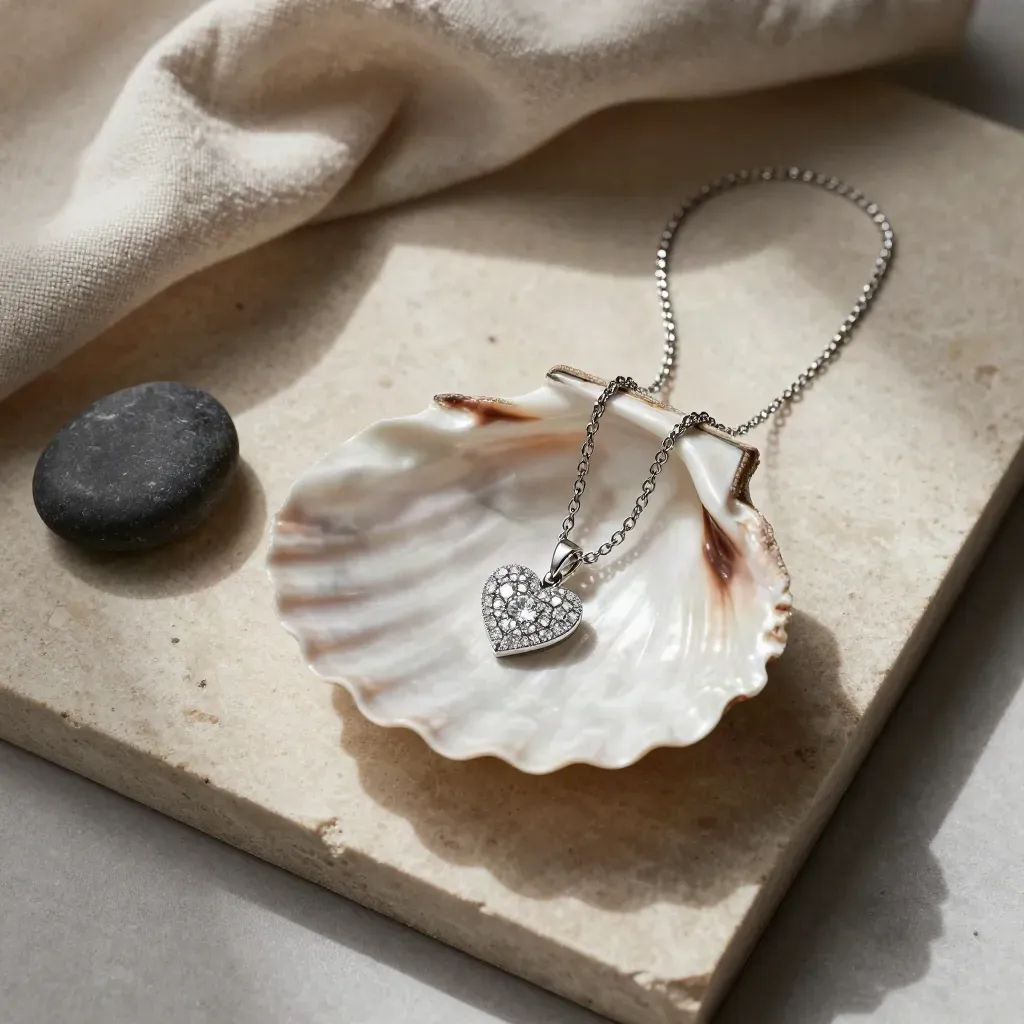 Top-down diamond heart necklace on a shell dish with linen and chain