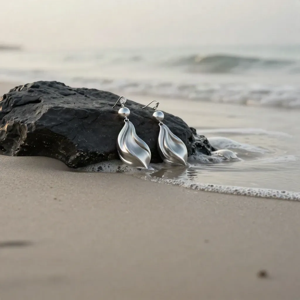 Platinum earrings on a tide-washed rock above calm sand and sea haze.