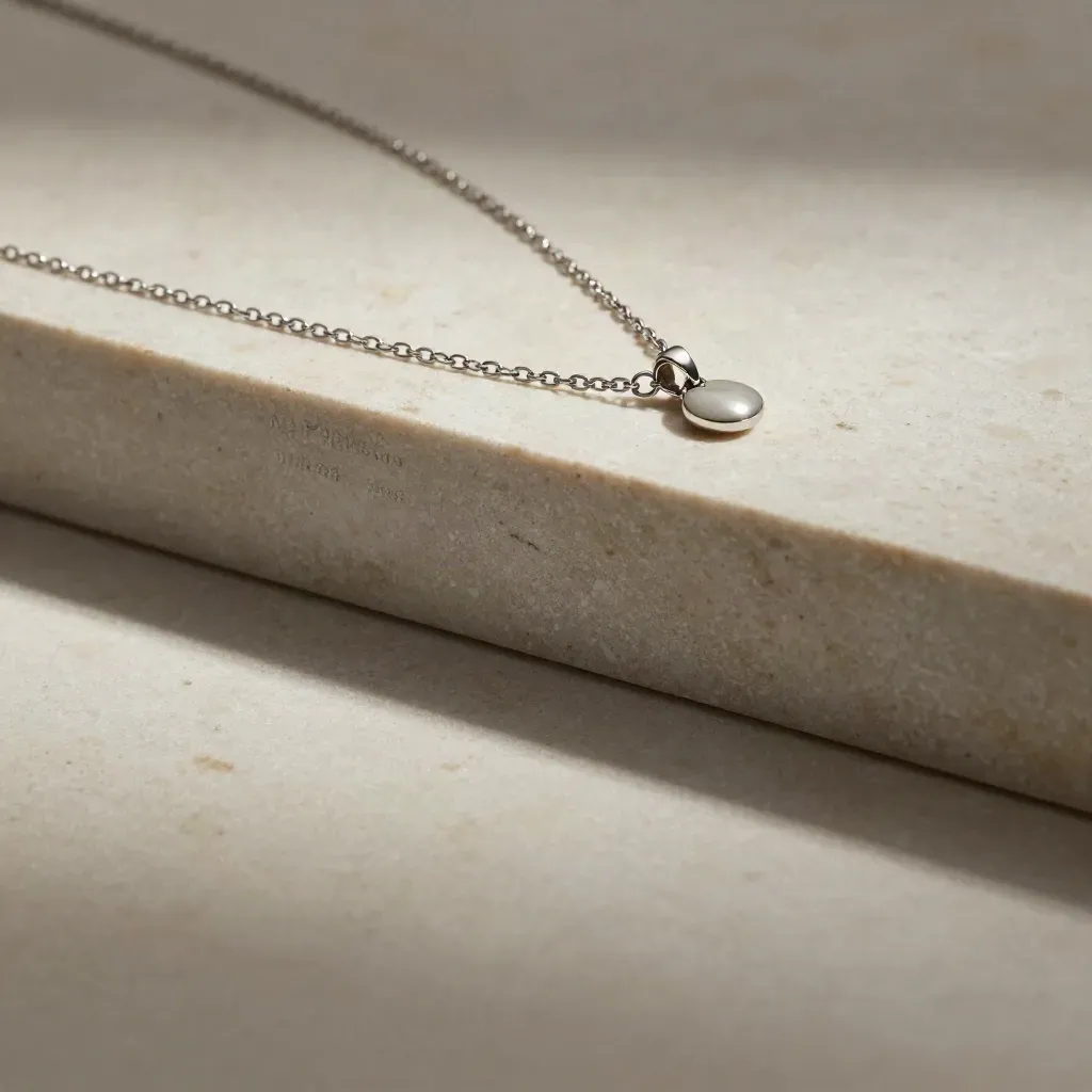 Travertine backdrop with a platinum necklace, silk strip, and calm copy space.