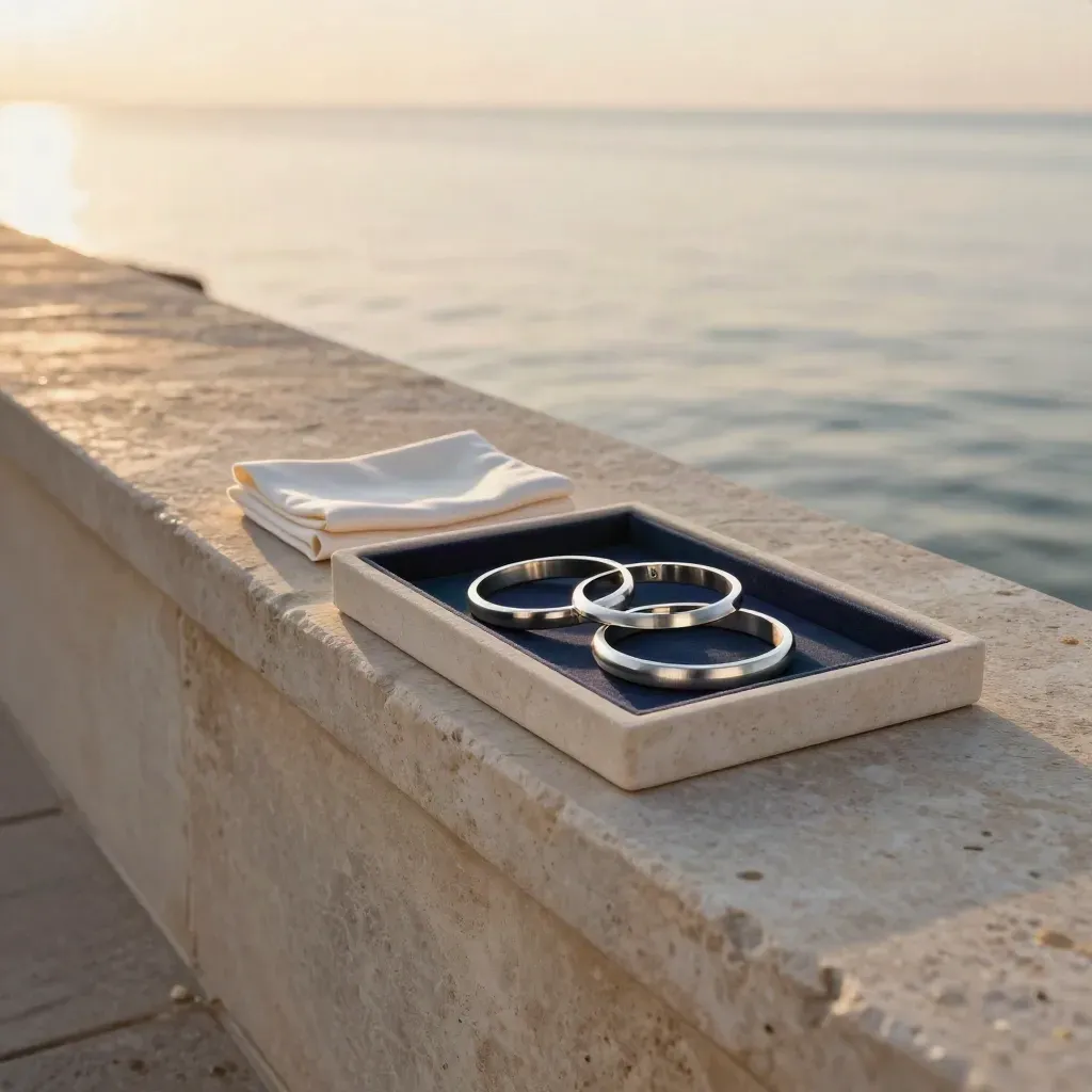 Platinum bracelets on a limestone terrace above calm glowing water at sunset