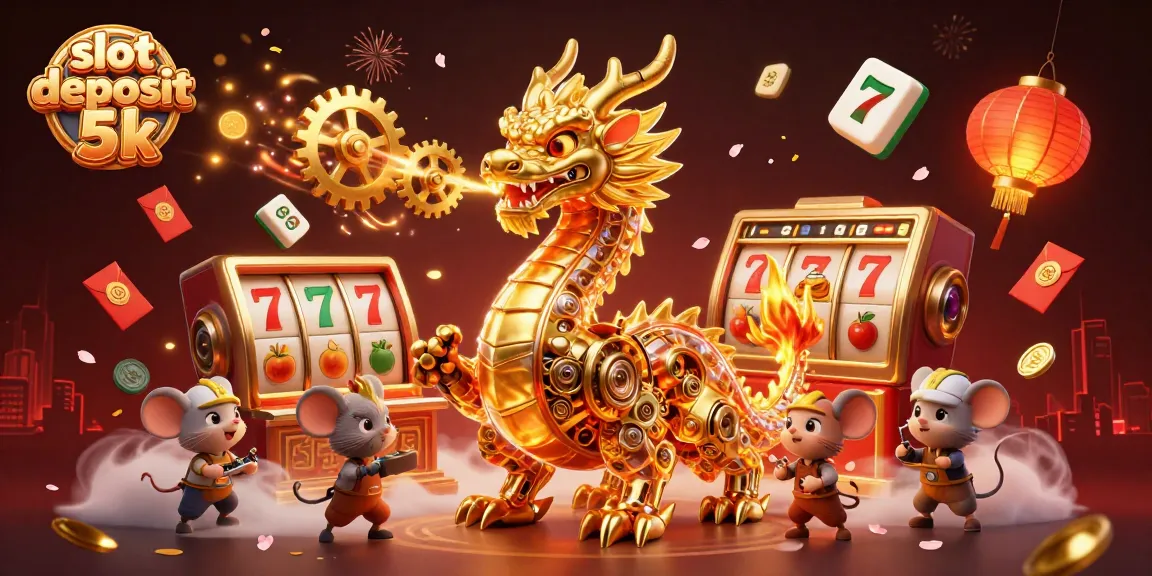 Engage in thrilling slots with a vibrant scene showcasing slot deposit 5k and a biomechanical dragon.